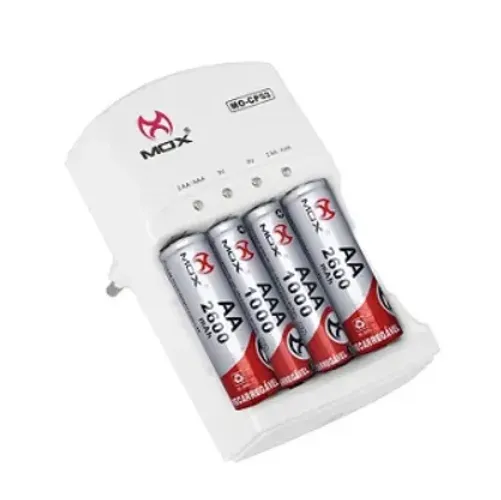 Carregador de Pilha Mox MO-CP53 Bivolts com 4 Pilhas (2 AAA 1000Mah + 2 Pilhas AA 2600Mah)