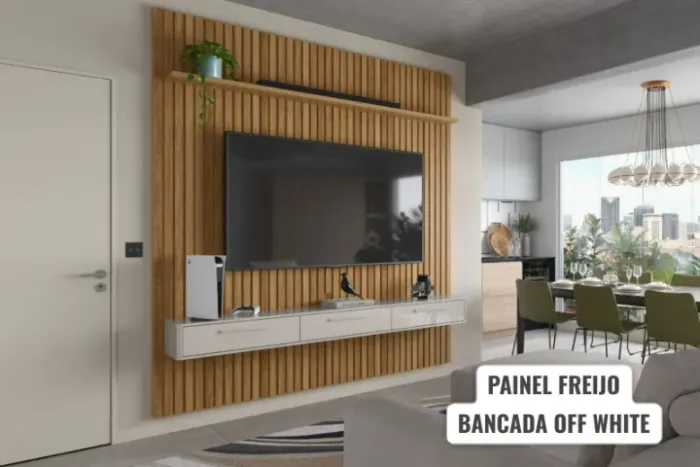 Painel Ripado Frisado com Bancada para Sala Tv de até 75 Polegadas Oslo/bali Lukaliam:off