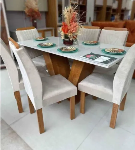 MESA DE JANTAR 1.60×80 TAMPO COM VIDRO 6 CADEIRAS MACIÇA
