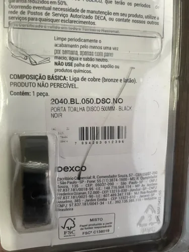 2040.BL.050.DSC.NO Disco Deca Porta Toalha Barra 50cm Black Noir