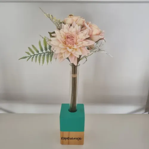 Vaso Decorativo Tubo de Ensaio em Madeira e Tinta Turquesa - Esperança