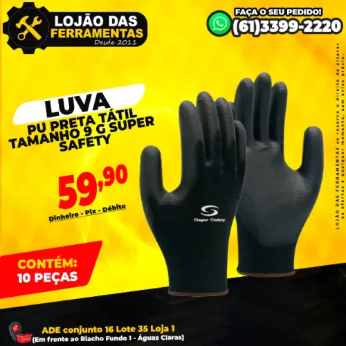 Luva PU Preta Tátil Tamanho 9 G Super Safety Pacote com 10 Peças