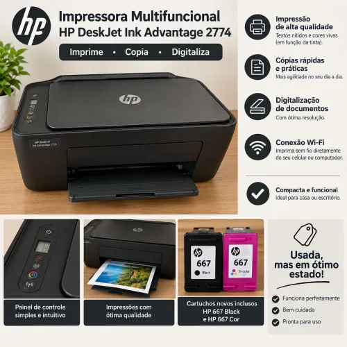 Impresora HP DeskJet Ink Advantage 2774, usada, com cartuchos novos<br><br>R$ 350