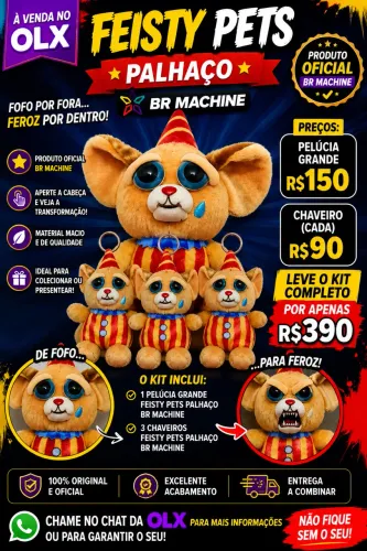? Feisty Pets Palhaço BR Machine - Pelúcia Grande + 3 Chaveiros! ?