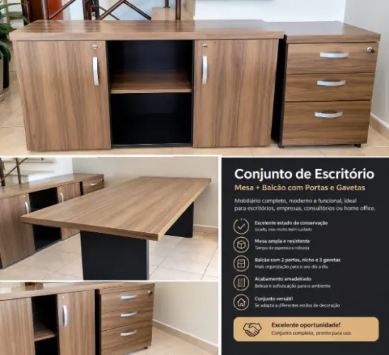 Conjunto Escritório Completo (Mesa + Balcão + Gaveteiro)