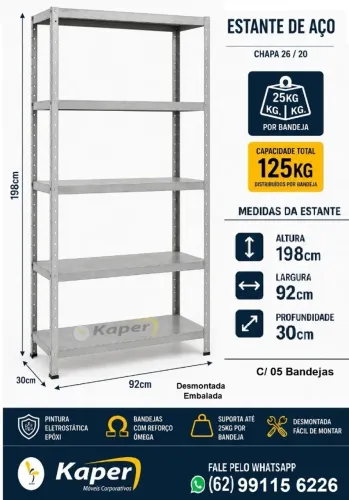 Estante de aço cinza 5b ( produto novo ) 198cm x 92cm x 30cm