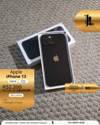 IPHONE 13, 5G, 256GB, CHIP FÍSICO, PRETO, SEMINOVO, EXCLUSIVO!