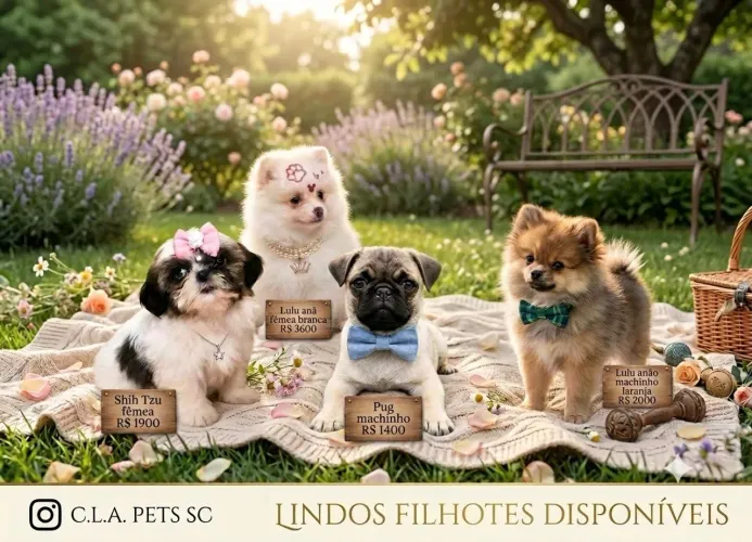 Filhotes Lulu da Pomerânia, Pug e Shih Tzu 