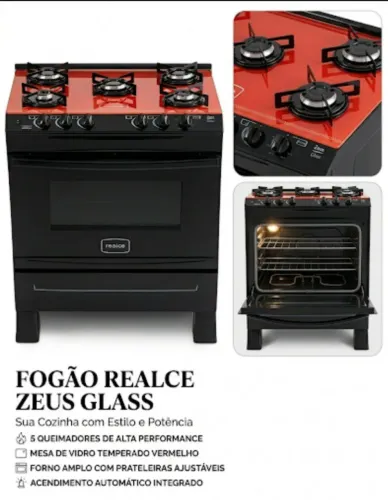 Fogão Novinho Realce Zeus Glass 5 Bocas Preto/Vermelho 