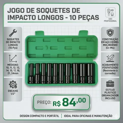 Jogo De Soquetes De Impacto Longos 1/2 - 10 Peças (Novo)