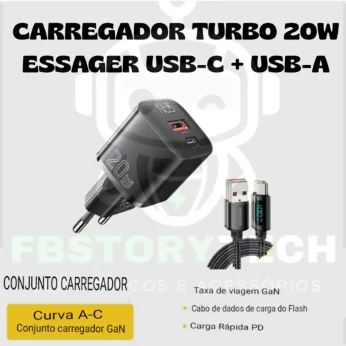 Kit Turbo Carregador ESSAGER 20W_Fonte+Cabo Original A PRONTA ENTREGA 