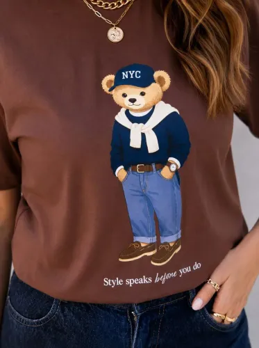 T-shirt feminina Urso algodão marrom