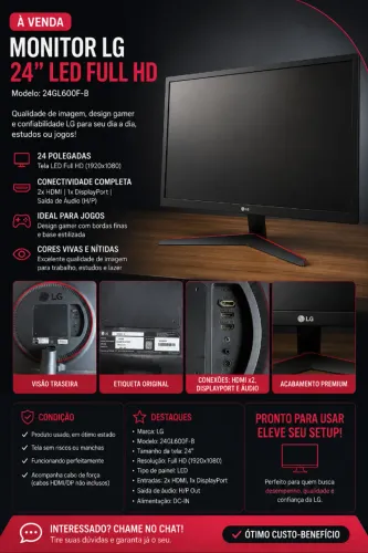 Monitor LG 24" Gamer Full HD 24GL600F-B - 2 HDMI + DisplayPort