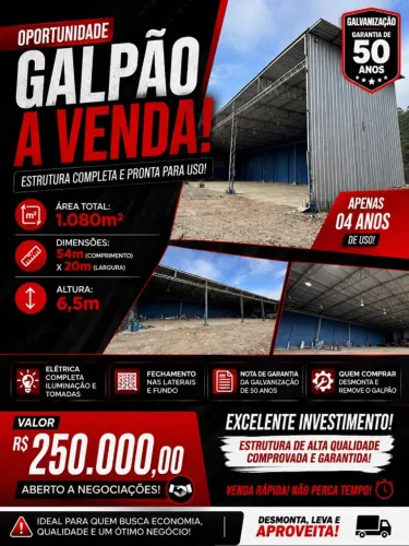 Galpão metálico de 1.080m² por 250k