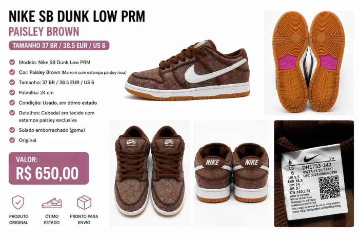 Vendo tênis Nike SB Dunk Low PRM Paisley Brown, original e em ótimo conservação 