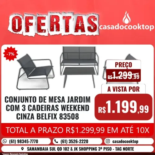 CONJUNTO DE MESA JARDIM COM 3 CADEIRAS WEEKEND CINZA BELFIX 83508
