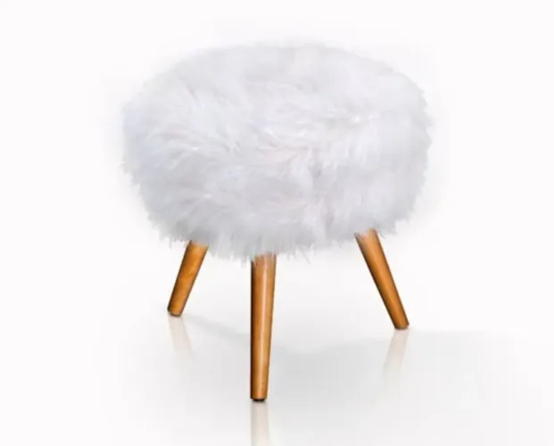 Banquinho Puff Pelúcia Branco com pés de madeira