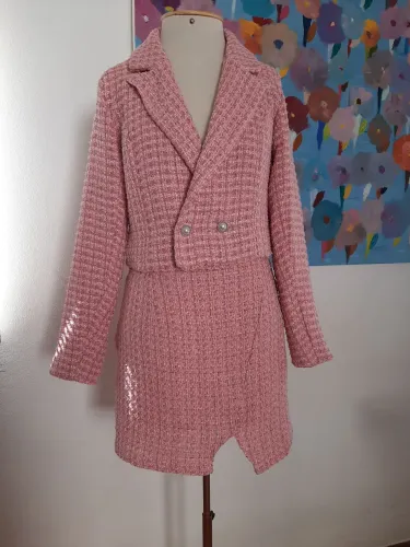 Conjunto blazer e shorts saia de tweed rosa bebê viagem férias inverno blusa mala festa