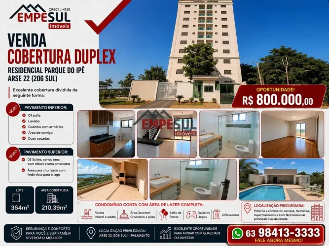Vendo Cobertura duplex Resid. Parque do Ipê ARSE 22 (206 SUL)