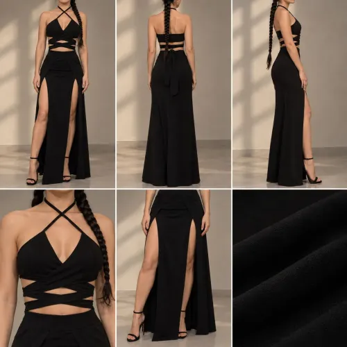 Conjunto feminino preto saia longa + cropped - novo tamanho P