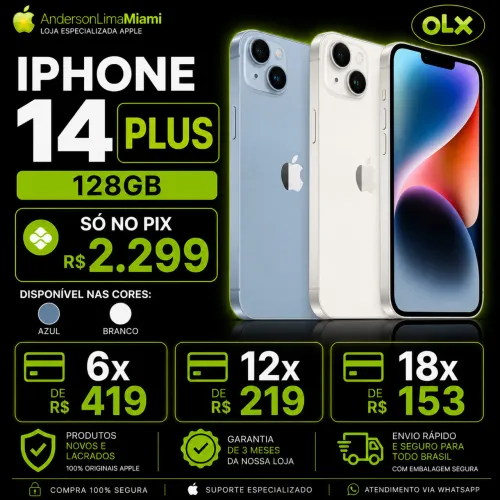 IPHONE 14 PLUS 128GB PROMOÇÃO SÓ NO PIX, LOJA NO RIOMAR, FAZEMOS ENTREGA A COMBINAR 