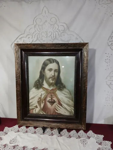 Antigo Quadro Madeira  Sagrado Coração de Jesus