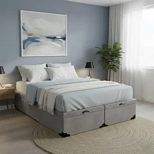 C cama box baú queen bipartido blindado suede cinza com pistão a gás