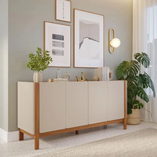 Buffet Aparador Araçá em MDF com Pés de Madeira Maciça Madeira/Off White