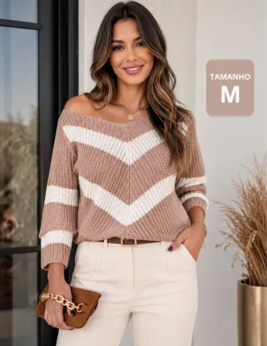 Blusa tricô M listras rosê e branco