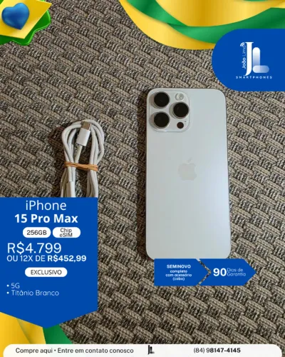IPHONE 15 PRO MAX, 5G, 256GB, CHIP ESIM, TITÂNIO BRANCO, SEMINOVO , EXCLUSIVO!