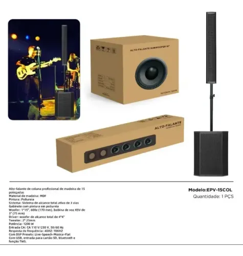 Sistema De Som Line Vertical Coluna + Sub 15 Polegadas 1200w Preto 110v/220v