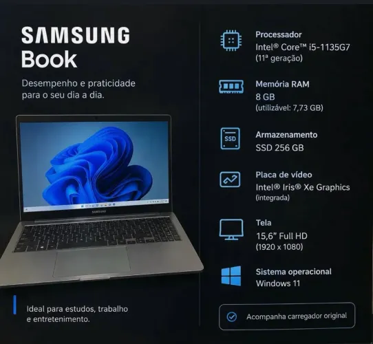 Notebook Samsung Book NP550XDA i5 11ª Geração 8GB SSD 256GB Full HD