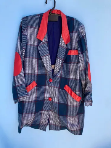 Blazer Vintage Xadrez Azul e Vermelho (Com Ombreiras), Tamanho M