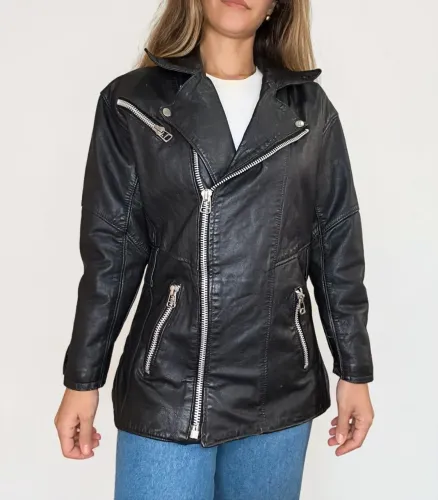 Jaqueta de couro legítimo estilo biker preta Tam P