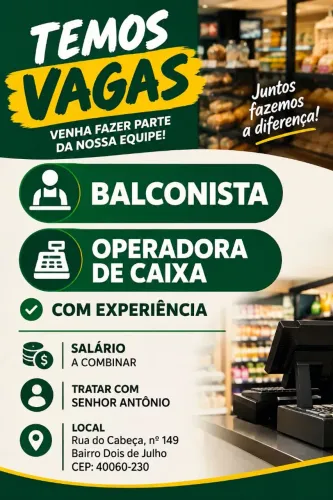 Vaga para balconista e operadora de caixa com experiência