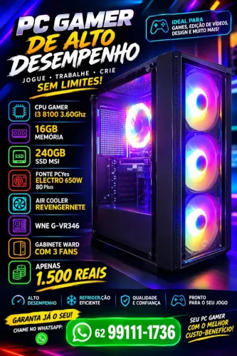Cpu Gamer I3 8100 com 16GB Memória 240GB Ssd
