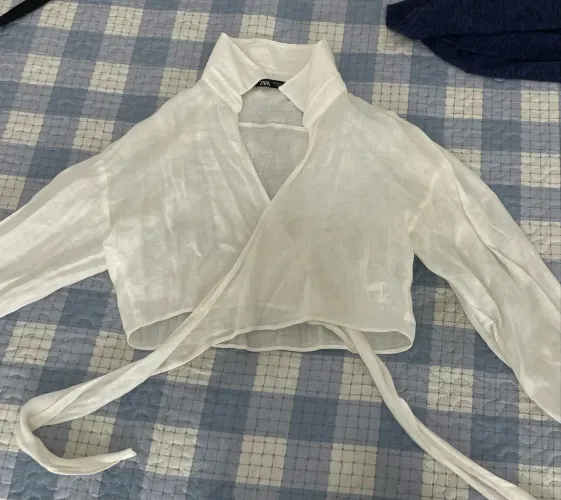Camisa Cropped Transpassada Zara Branca Linho Tam P