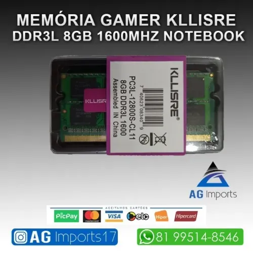 Memória DDR3L Notebook 8GB 1600mhz - Nova Lacrada - Kllisre - Enviamos - Aceitamos cartões