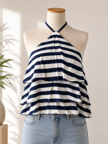 Blusa Feminina Listrada Marinho e Branco