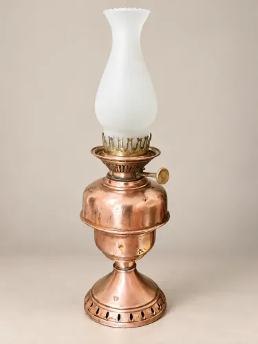 Lampião Antigo de Mesa - Cobre e Vidro Fosco - 50 cm
