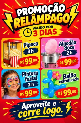 Promoção de pipoca, algodão doce, pintura e balões