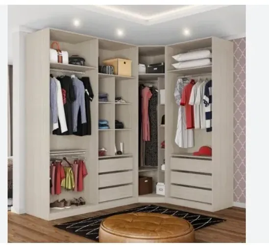 Guarda Roupa Canto Closet sem Portas 3 Peças, 6 Gavetas, 4 Cabideiros 