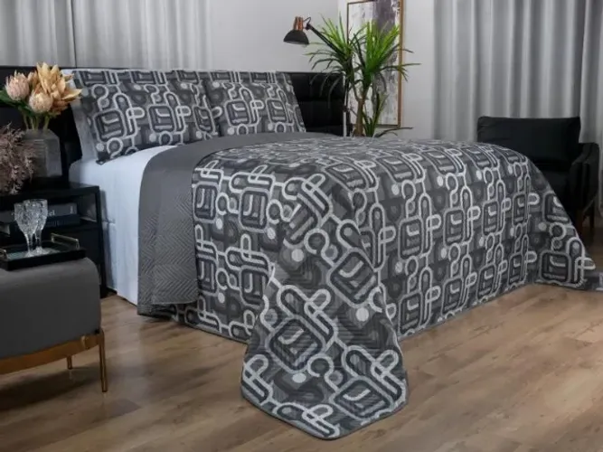 Kit 1 Cobre-leito Casal Bouti de Microfibra Ultrasonic Estampada + 2 Porta-travesseiros