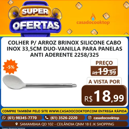 COLHER P/ ARROZ BRINOX SILICONE CABO INOX 33,5CM DUO-VANILLA PARA PANELAS ANTI ADERENTE