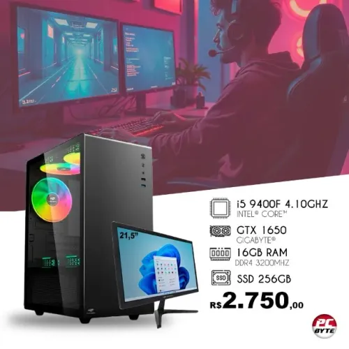 PC Gamer Novo i5 9400K 4.10GHZ  16Gb 3200Mhz Gtx1650 Gigabyte Monitor 21'5 Led Tela Ips <.