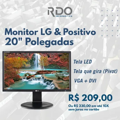 Monitor LG/Positivo 20" LED Pivot VGA+DVI - R$209 ou 10x s/ juros - Ideal para home office
