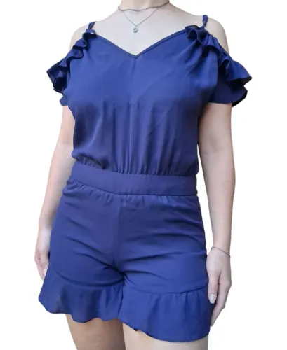 Macacão feminino azul com detalhes em babado