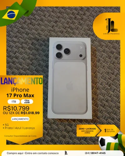 IPHONE 17 PRO MAX, 1TB, CHIP ESIM, SILVER(PRATA), LACRADO, LANÇAMENTO!