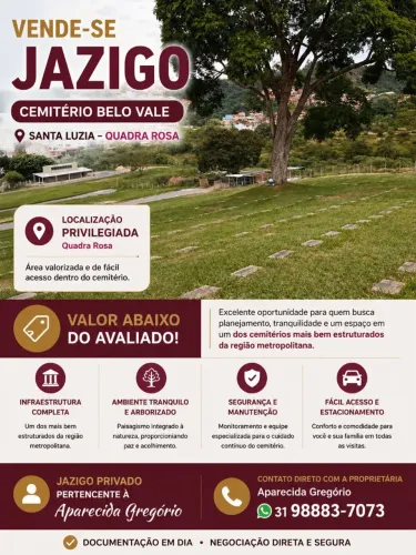 Jazigo à Venda - Cemitério Belo Vale | Quadra Rosa | Abaixo do Avaliado