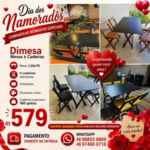 Conjunto mesa 1, 20x70 com 4 cadeiras estofadas. Várias cores.